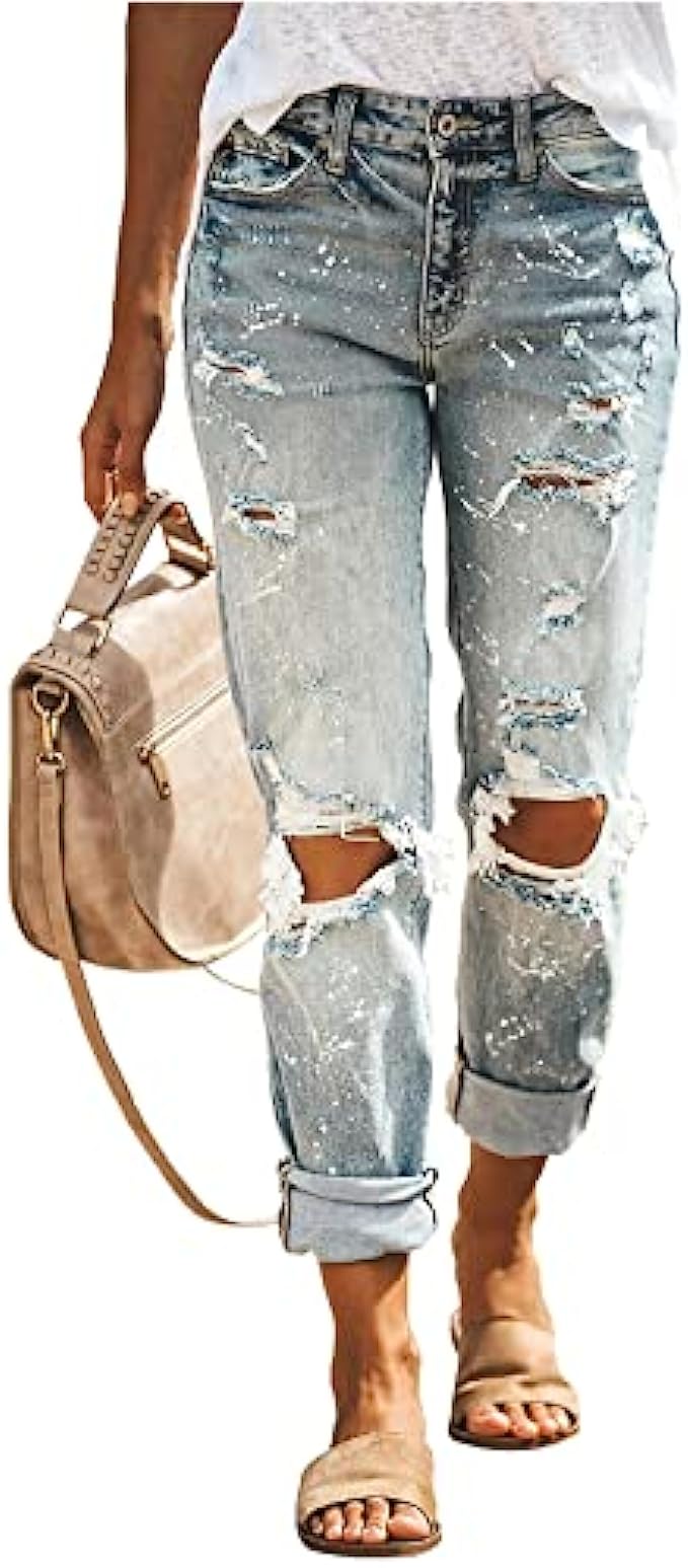 HETIPR Women&#039;s Ripped Boyfriend Jeans Mid Rise Loose Fit Distressed Stretchy Denim Pants