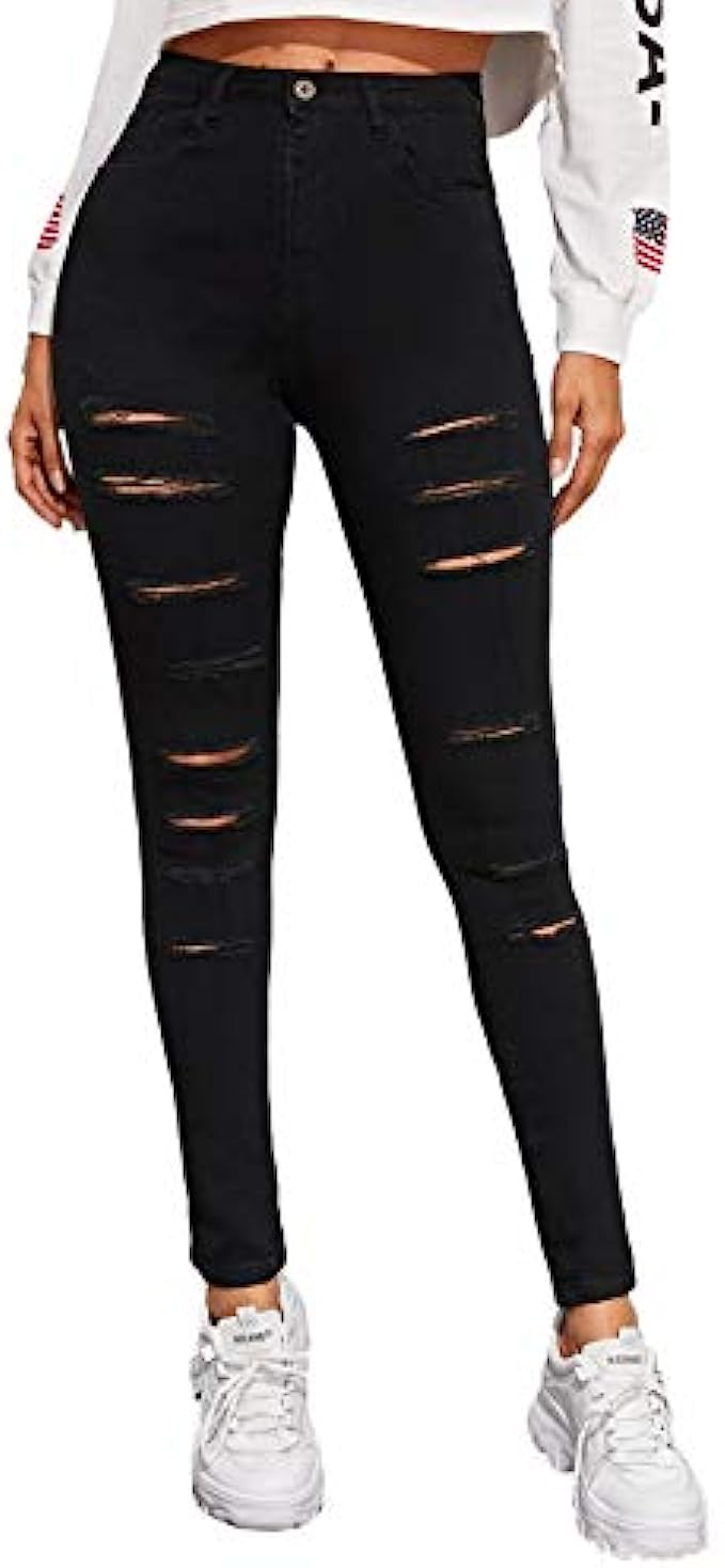 SweatyRocks Women&#039;s Hight Waisted Stretch Ripped Skinny Jeans Distressed Denim Pants