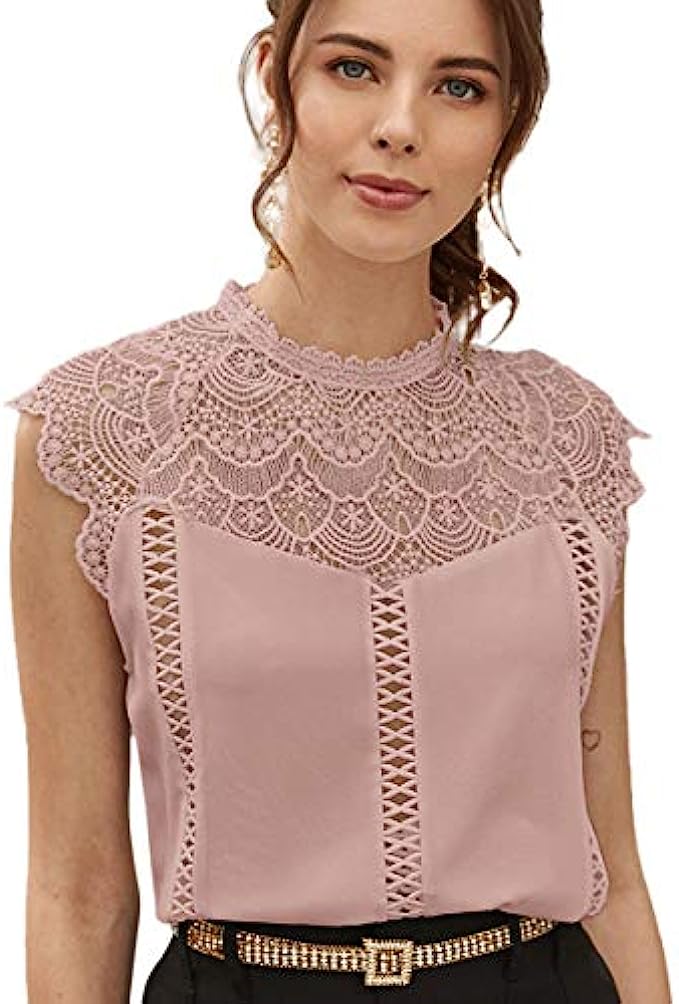 SheIn Women&#039;s Elegant Cap Sleeve Keyhole Contrast Lace Blouses Tops