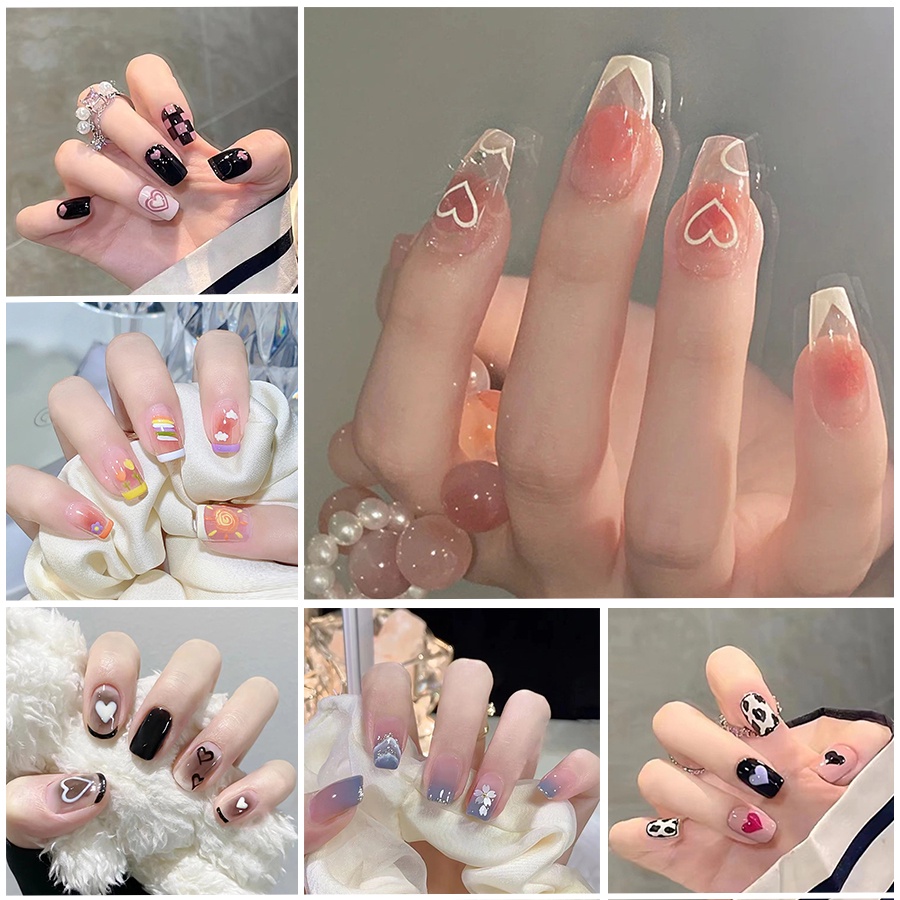 YKHMYB 24 pcs set with glue nails fake nails nail sticker long nail glue art false nails french nail fake nails with design manicure press on nails 假指甲 指甲貼 fake nails press on short nail  nail press o