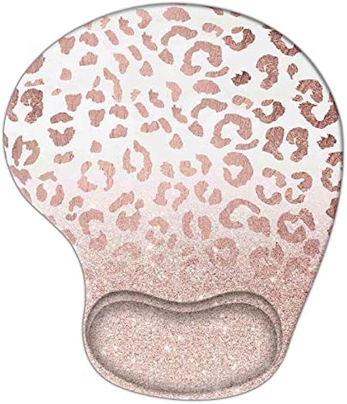 Mouse Pad with Wrist Support, Ergonomic Mousepad Non-Slip Base for Office Supplies Cute Desk Décor Accessories, Small Mouse Pads for Women Men Girls Rose Gold Leopard Cheetah