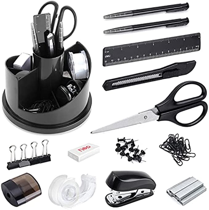 EZWORK Office Supplies Set, 14 Pcs Desk Accessory Organizer Kit with Rotating Multi-Functional Pen Holder, Stapler Set, Pens, Tape Dispenser, Sharpener, Scissor, Eraser, Binder Clips,Paper Clips