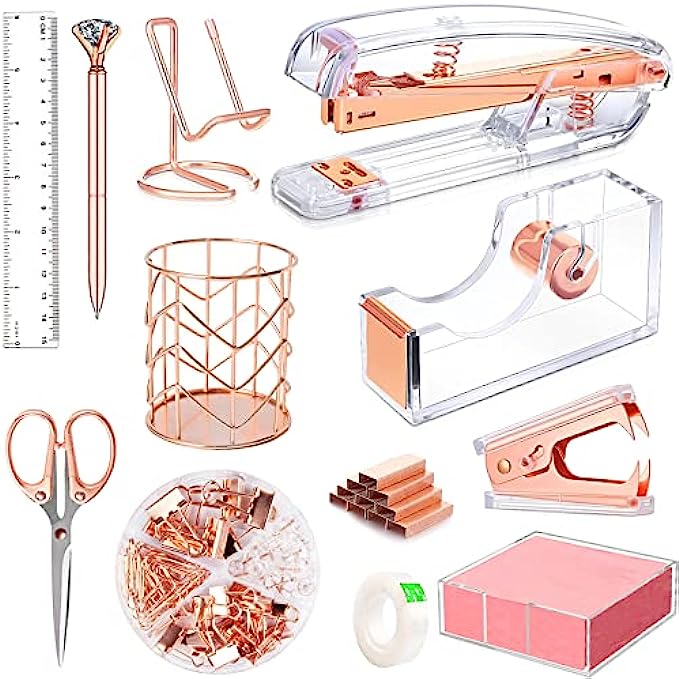 Rose Gold Office Supplies and Accessories, Acrylic Stapler, Staple Remover, Tape Holder, Pen Holder, Ballpoint Pen, Scissor, Binder Clips, Staples, Phone Holder, Ruler, Transparent Glue and 300 Notes
