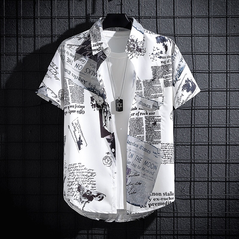 Summer Men&#039;s Short-Sleeved Newspaper Shirts, Thin Graffiti Trendy Clothes, Printed Loose INS Trendy Tops. Half-Sleeved Shirt.
